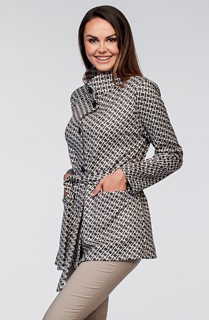 Elegantní kratší béžovošedý dámský kabátek s kapsami a knoflíky 7659