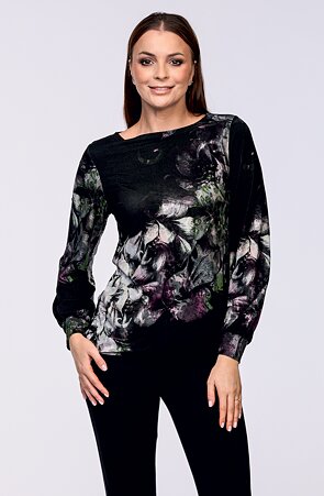 Elegantní černá dámská halenka s temnými květy 7757