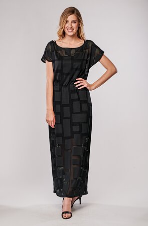 Langes schwarzes Kimono-Spitzendamenkleid 7080