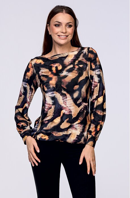 Elegantní černá dámská halenka s béžovohnědým vzorem 7757